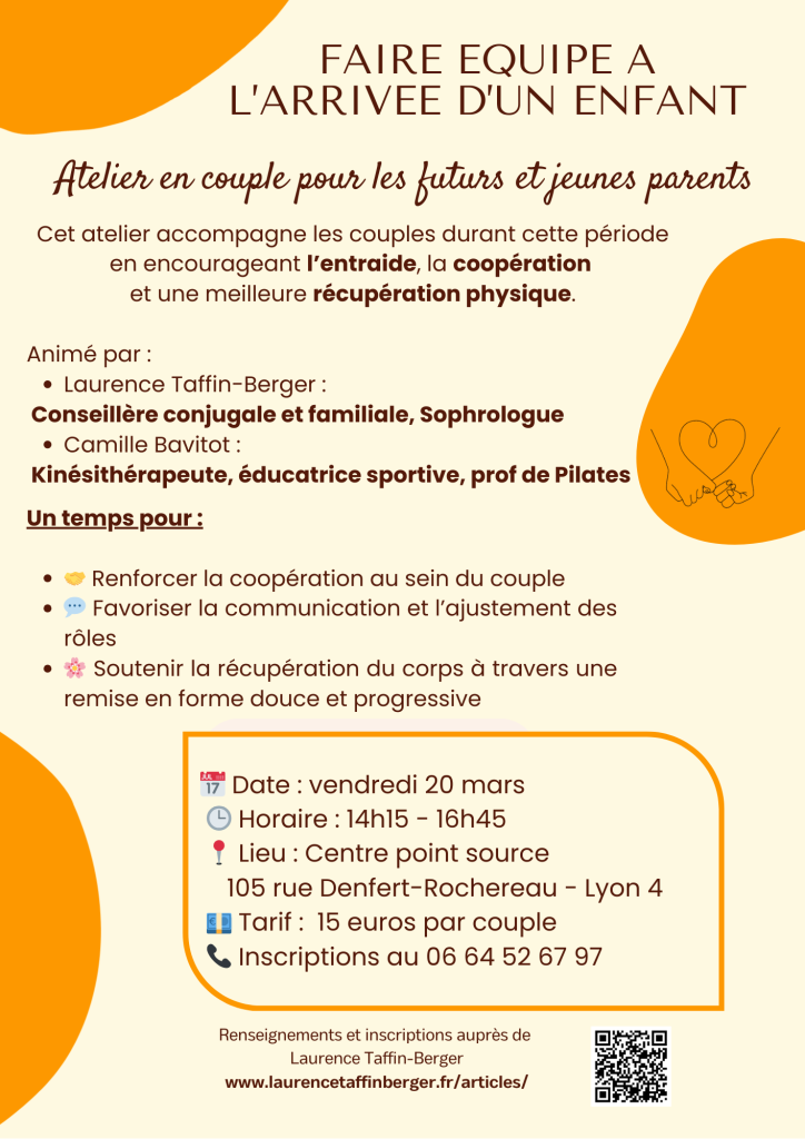 Affiche atelier en couple pour futurs et jeunes parents à Lyon – Faire équipe à l’arrivée d’un enfant